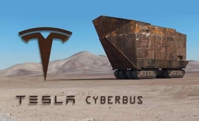 A digital rendering of a large, rusty, angular vehicle with tank treads, resembling a futuristic bus, set in a desert landscape. The image features the Tesla logo on the left and the text 'TESLA CYBERBUS' at the bottom.