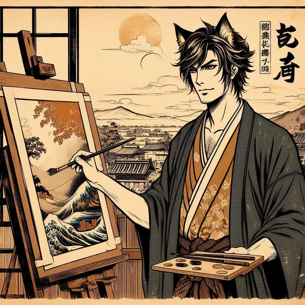 A digital illustration in a traditional Japanese woodblock print style depicting a young man with animal ears painting a landscape on an easel. The artwork features a sepia-toned color palette and includes Japanese calligraphy in the upper right corner.