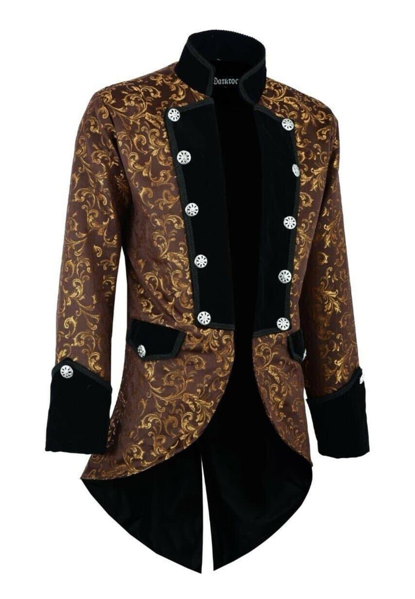 A product photograph of a men's Victorian-style tailcoat featuring a brown and gold brocade pattern with black velvet lapels, cuffs, and tail, accented with silver buttons.