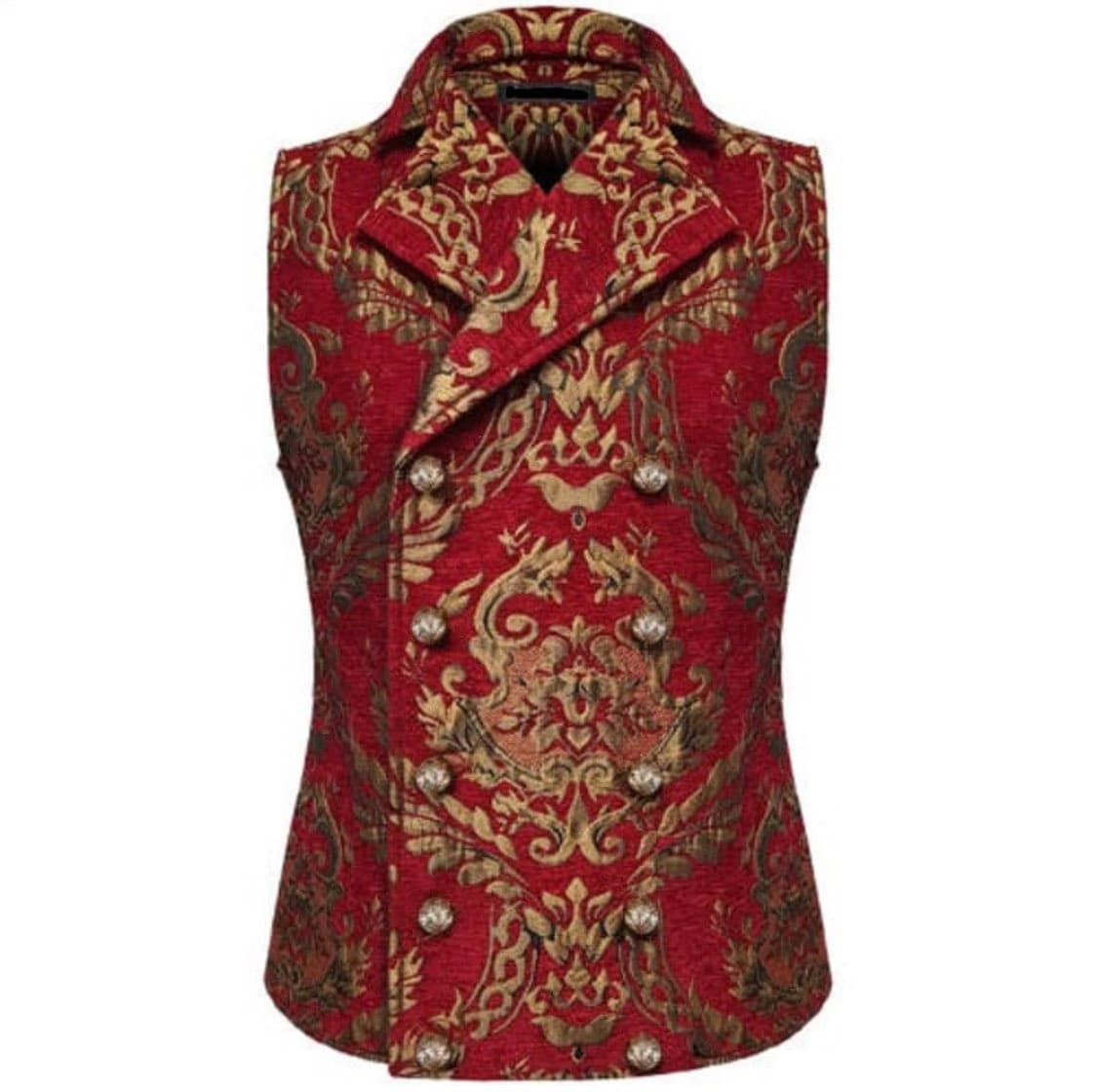 A product photograph of a sleeveless, double-breasted waistcoat featuring an ornate red and gold baroque pattern with silver buttons.