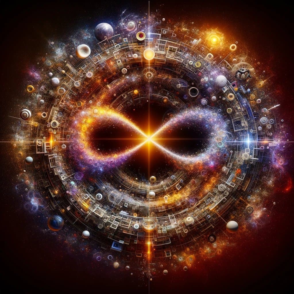 A digital artwork depicting a glowing, golden infinity symbol at the center of a complex, circular structure resembling a cosmic circuit board or space station. The scene is set against a dark, starry background with floating planets and nebulae, creating a futuristic and mystical atmosphere.