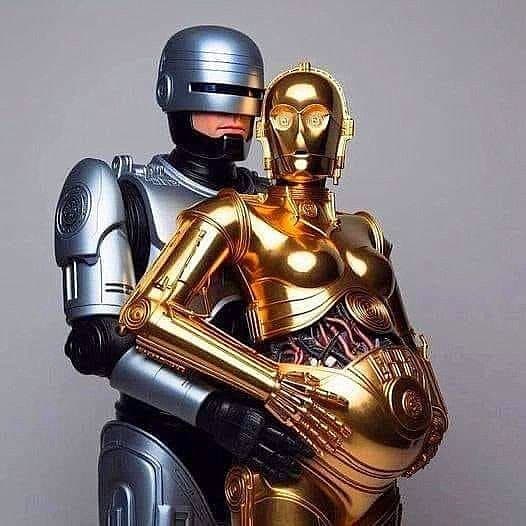 A promotional still from the movie 'RoboCop' showing the silver RoboCop character embracing the golden female robot ED-209, who is depicted with a pregnant belly.