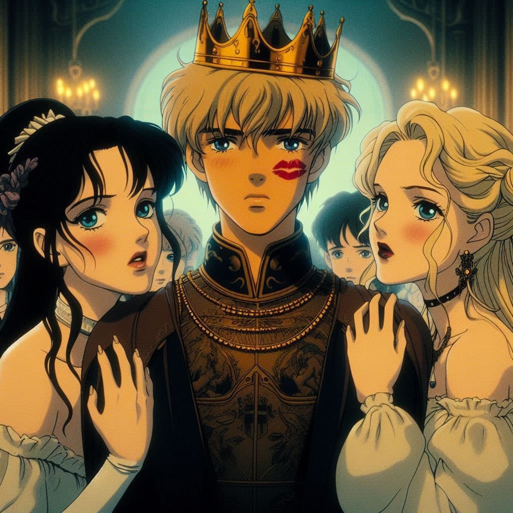 A digital illustration in a retro anime style depicting a young, crowned king with a red lipstick mark on his cheek, flanked by two women who are holding his shoulders. The scene is set in a dimly lit, ornate hall with chandelers in the background.