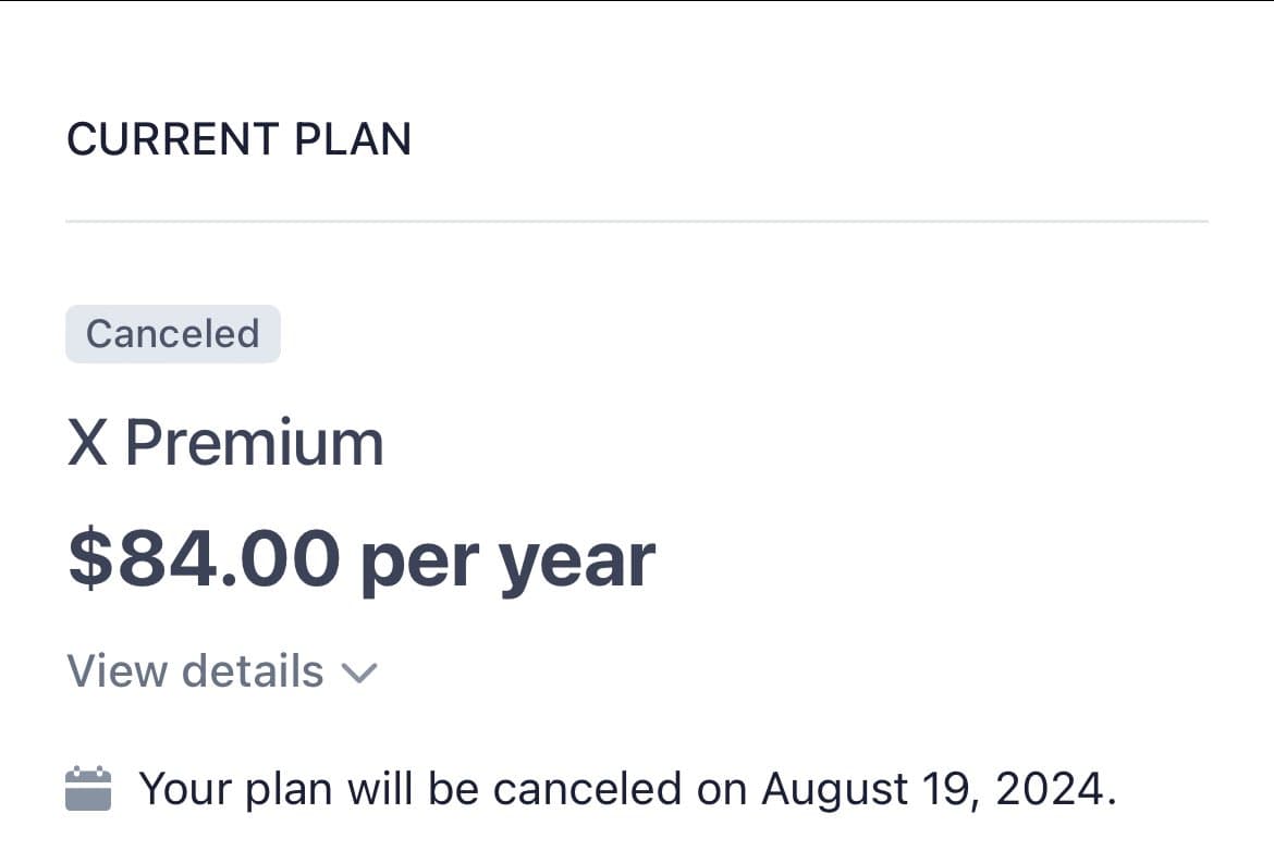 A screenshot of a subscription management page showing a canceled X Premium plan. The image displays the plan cost of $84.00 per year and a notification that the plan will be canceled on August 19, 2024.