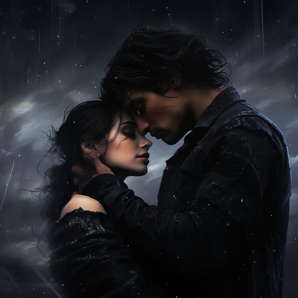 A digital illustration of a man and a woman embracing intimately in the rain, with their foreheads touching. The scene is set against a dark, stormy sky with rain streaks and falling droplets visible.