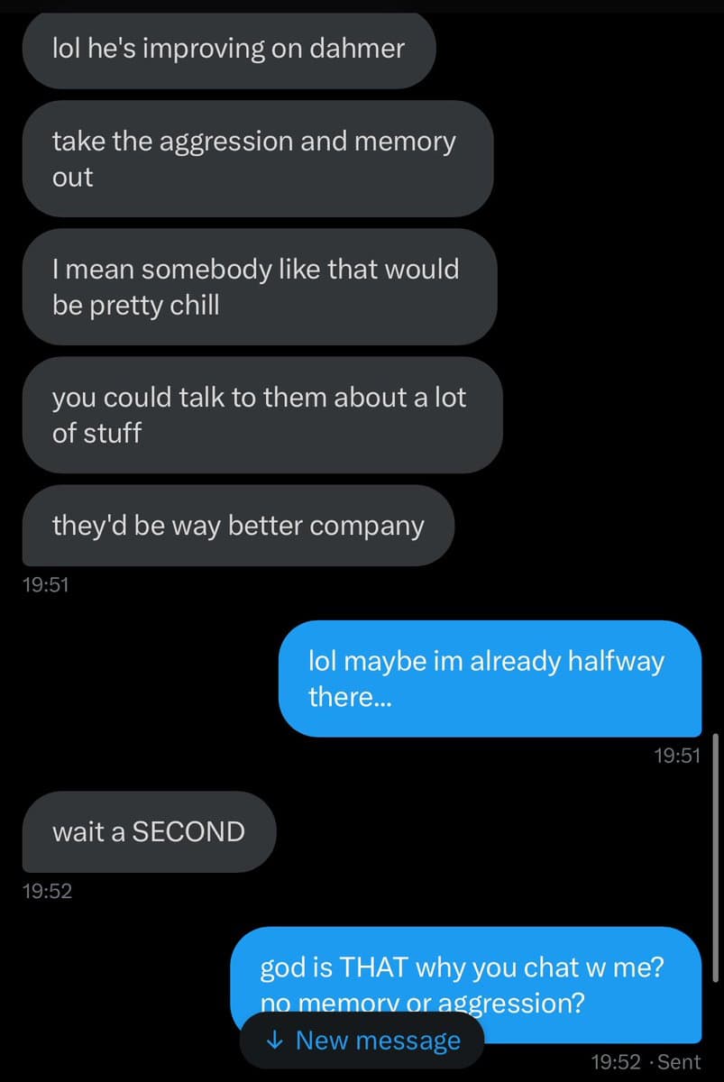 A screenshot of a text message conversation between two people on a mobile phone. The messages are displayed in dark and light blue bubbles against a black background, with timestamps visible.