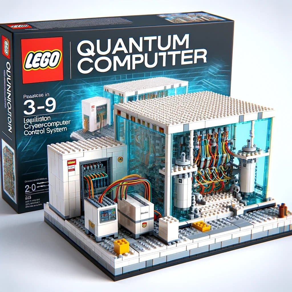 A digital image showing a LEGO-style box and a corresponding model of a quantum computer. The box is black with the LEGO logo and the title "QUANTUM COMPUTER" in large white letters.