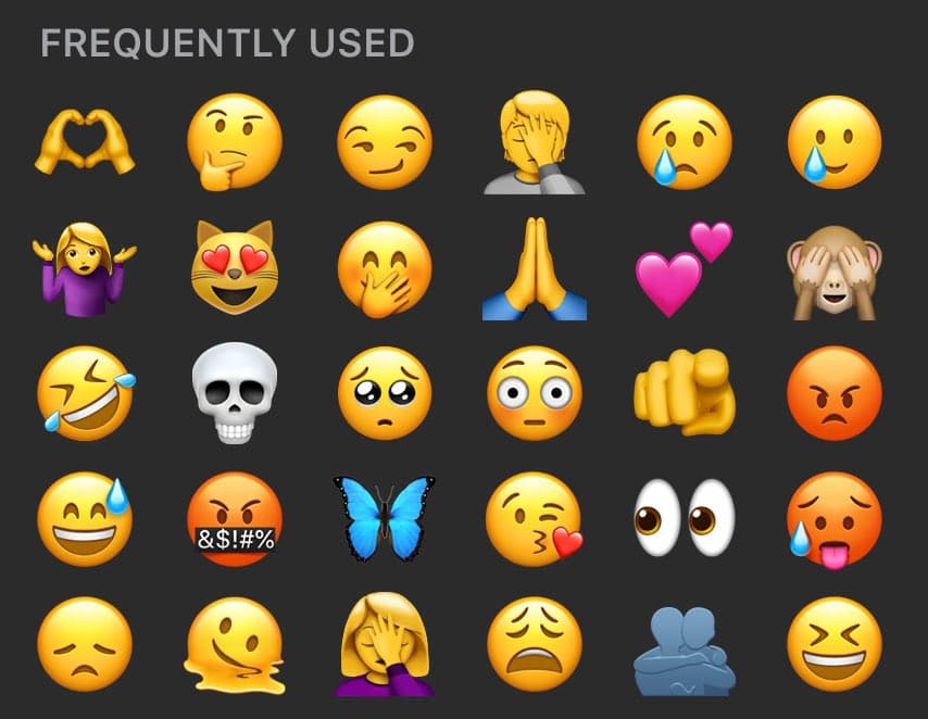 A grid of frequently used emojis displayed on a dark background, with the title 'FREQUENTLY USED' at the top. The image shows 30 different emoji icons arranged in 5 rows and 6 columns, including faces, hands, animals, and symbols.