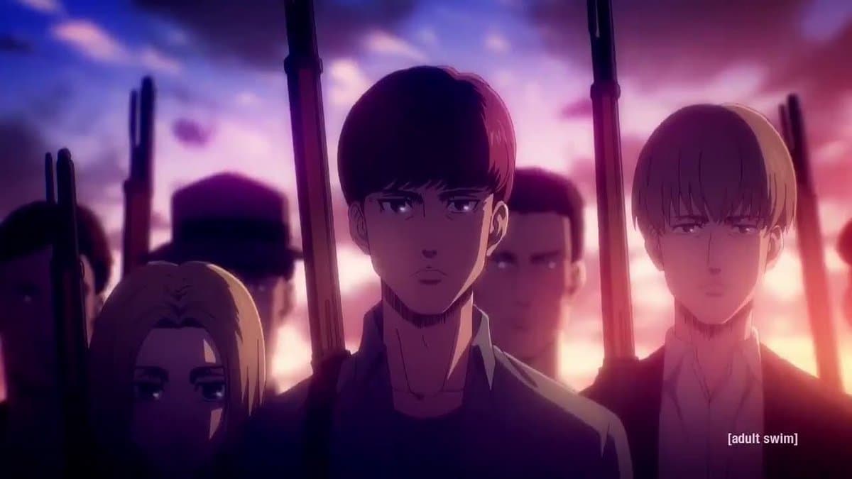 A still from an anime series showing a group of young people holding rifles, set against a dramatic sunset sky. The image is watermarked with the Adult Swim logo in the bottom right corner.