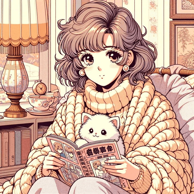 A digital illustration in a retro anime style depicts a young woman with short, wavy brown hair sitting on a couch wrapped in a thick, cream-colored knit blanket. She is holding an open manga magazine and a small white cat, with a cozy room featuring a lamp, books, and a teacup in the background.