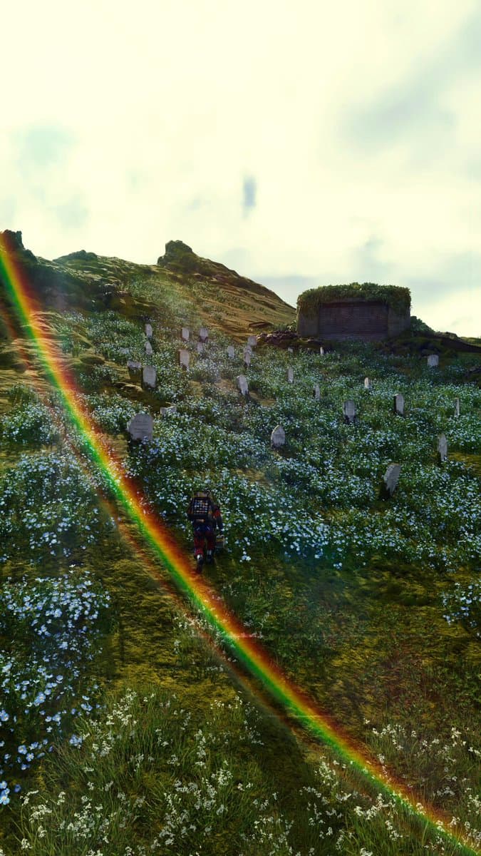 A screenshot from the video game Death Stranding showing a character walking through a grassy hillside covered in white flowers and gravestones, with a rainbow lens flare streaking across the left side of the image.