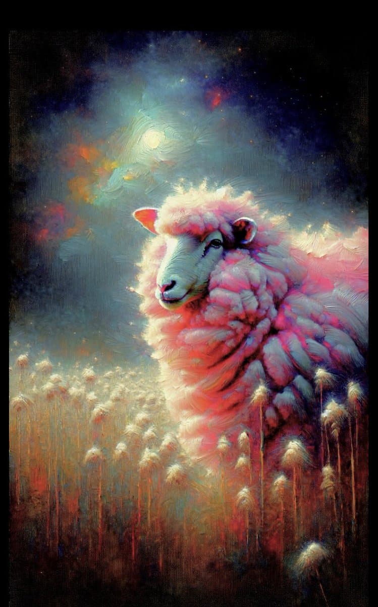 A digital painting of a fluffy sheep standing in a field of tall grass under a starry night sky with a glowing moon. The sheep is illuminated with soft pink and purple hues, creating a dreamy and serene atmosphere.
