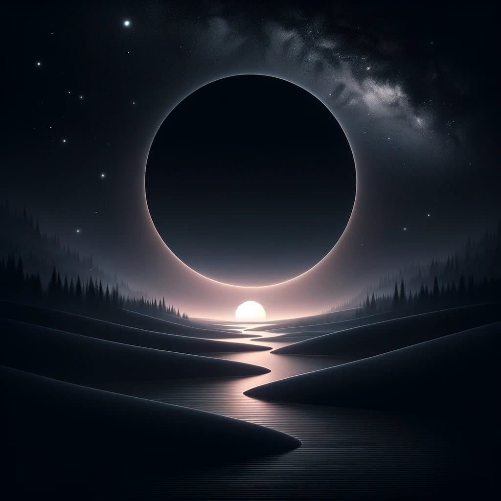 A surreal digital artwork depicting a total solar eclipse over a dark, rolling landscape with a winding river. The sky is filled with stars and the Milky Way, while the eclipse's corona glows brightly around the blackened moon, casting a soft light on the terrain below.