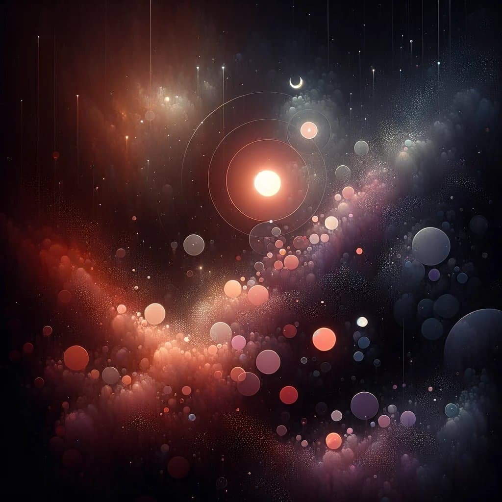 A digital abstract artwork depicting a cosmic scene with a glowing central orb surrounded by concentric rings, floating spheres, and a starry background with nebula-like clouds in warm orange and cool blue tones. The image features a small crescent moon near the top and various translucent circles scattered throughout the composition. There is no legible text present in the image.