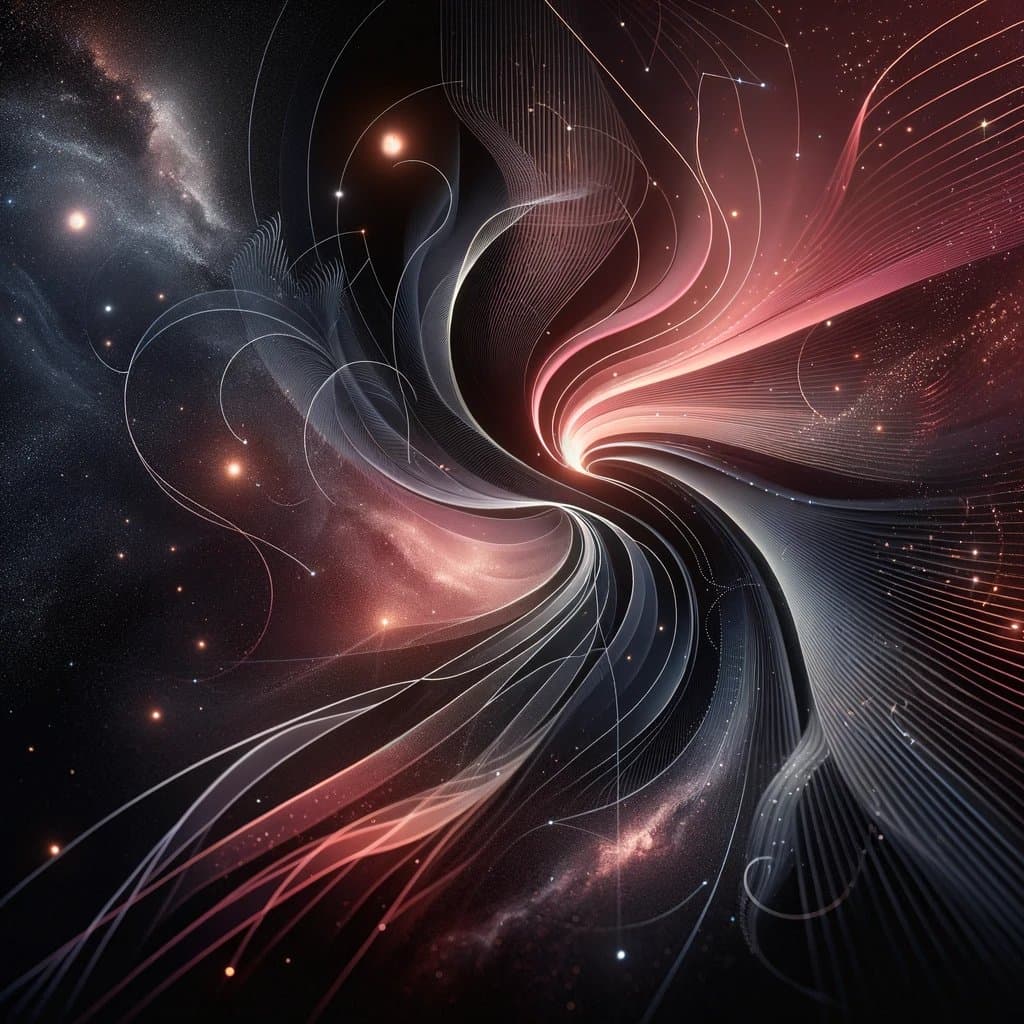 A digital artwork depicting a cosmic scene with swirling, ribbon-like light trails in white and pink against a starry, nebula-filled background. The image has an abstract, ethereal quality with flowing lines creating a sense of motion through space.