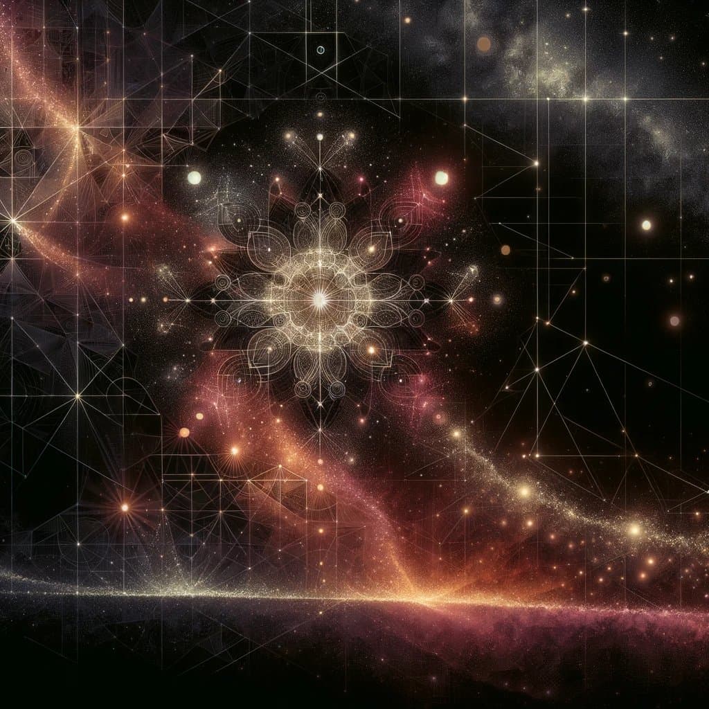 A digital artwork depicting a cosmic scene with a central, intricate mandala-like structure made of light and geometric lines. The background features a starry space with nebulae in shades of orange, pink, and purple, overlaid with a network of connecting lines and nodes.