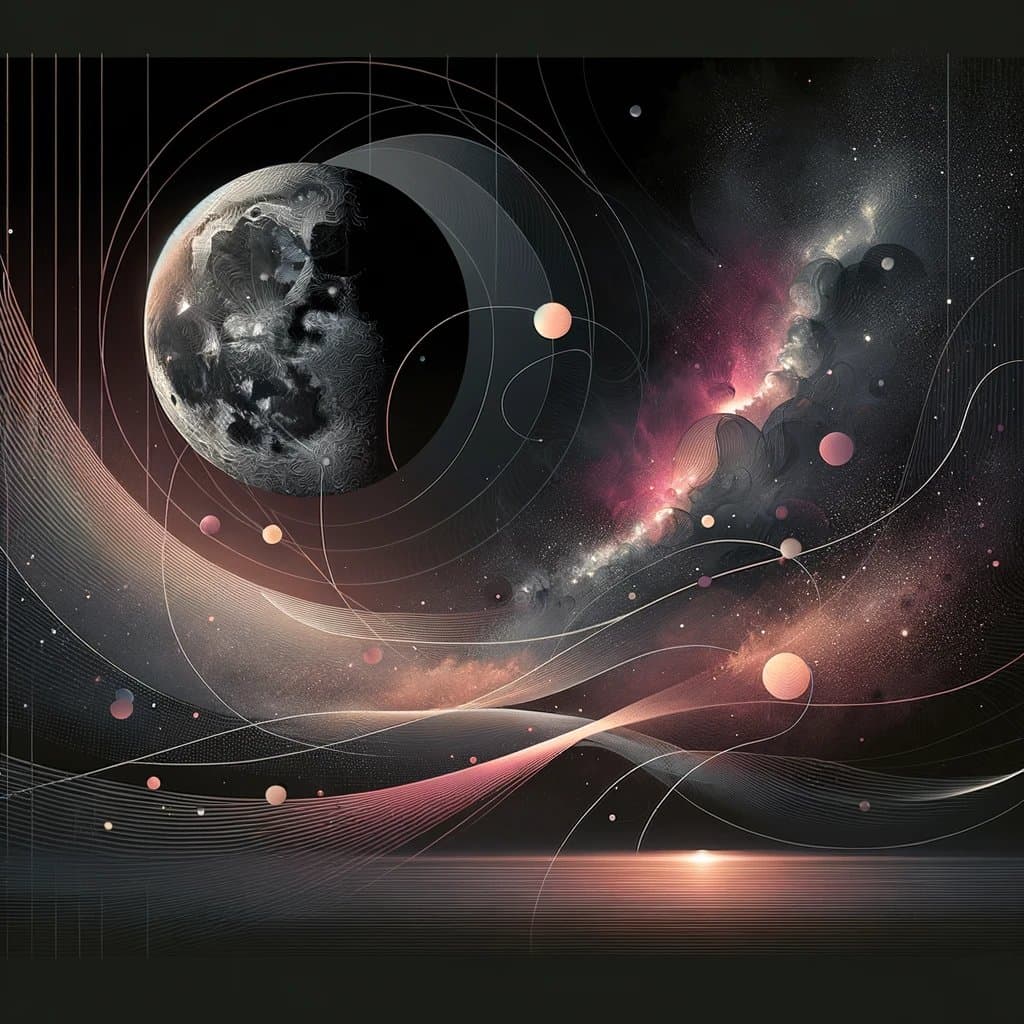 A digital artwork depicting a stylized cosmic scene featuring a textured planet, swirling nebulae in pink and white, and multiple small celestial bodies connected by flowing, ribbon-like lines against a dark starry background.