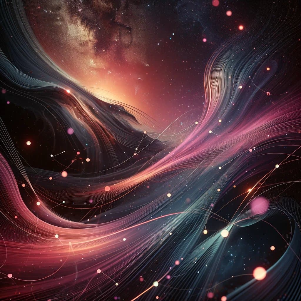 A digital art image depicting a cosmic scene with swirling, luminous streams of pink, purple, and white light flowing across a dark, star-filled background. The composition features glowing orbs and a nebula-like formation in the upper left, creating a sense of dynamic movement through space.