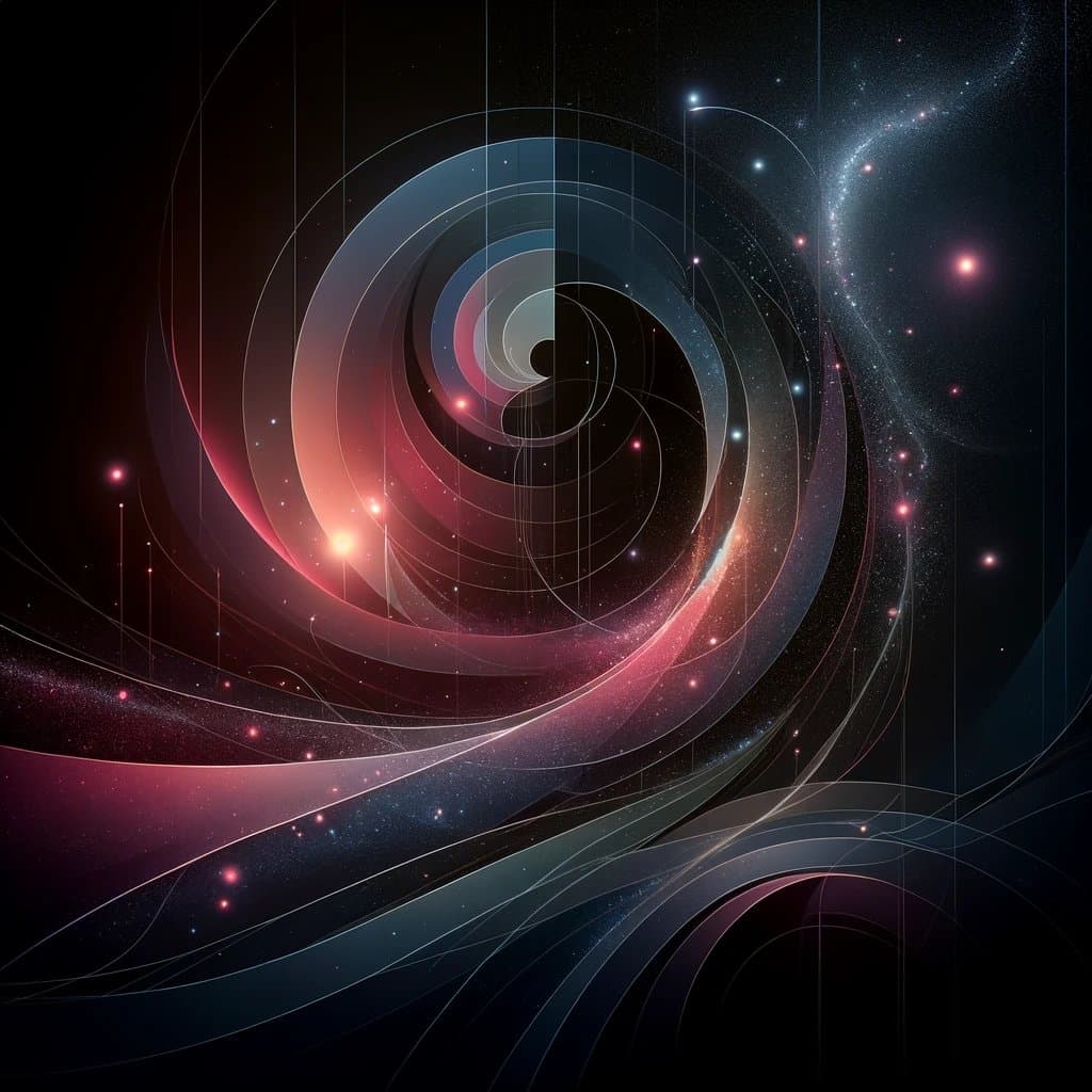 An abstract digital artwork featuring a swirling, spiral-like vortex of translucent ribbons in shades of blue, red, and white against a dark, starry background. The composition includes glowing particles and thin, curved lines that create a sense of depth and cosmic motion.