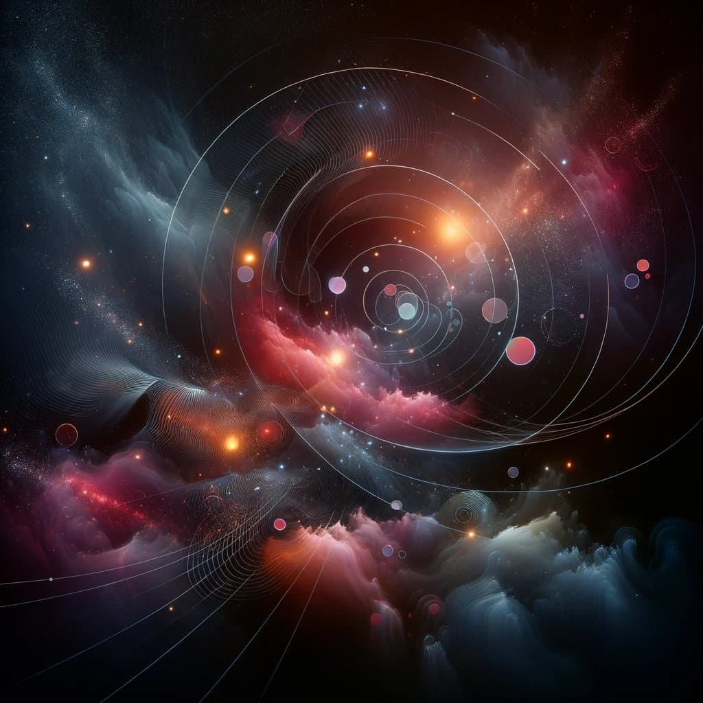 A digital artwork depicting a cosmic scene with swirling nebulae in red, pink, and blue hues, overlaid with concentric white circles and glowing orbs resembling planets or stars. The image has a dreamlike, abstract quality with flowing lines suggesting motion or energy fields.