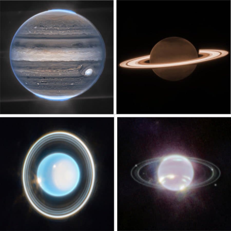 A four-panel grid showing images of four planets: Jupiter (top left), Saturn (top right), Neptune (bottom left), and Uranus (bottom right). Each panel displays a different gas or ice giant against a dark background, highlighting their distinct colors and ring systems.