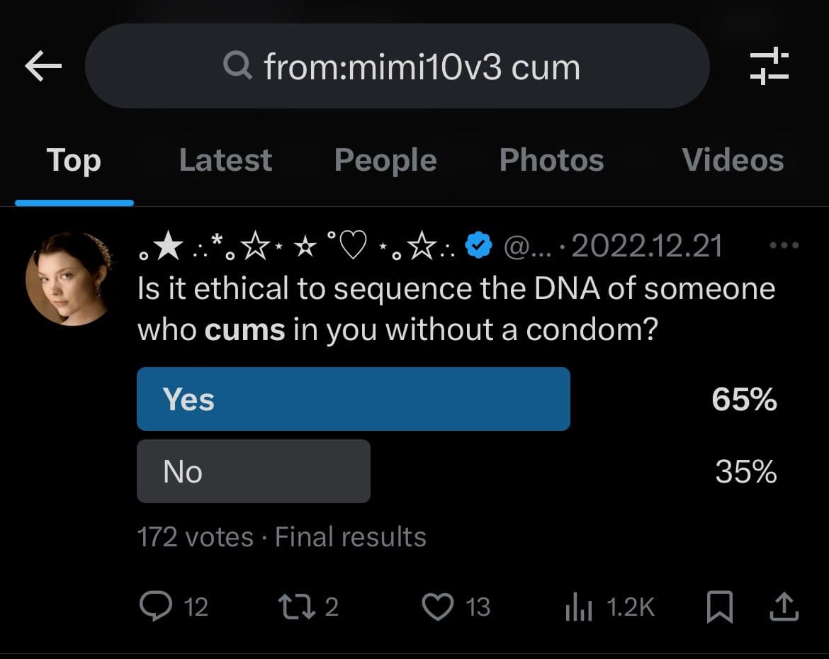 A screenshot of a Twitter search results page showing a poll from a user. The poll asks, "Is it ethical to sequence the DNA of someone who cums in you without a condom?" with results showing 65% Yes and 35% No.