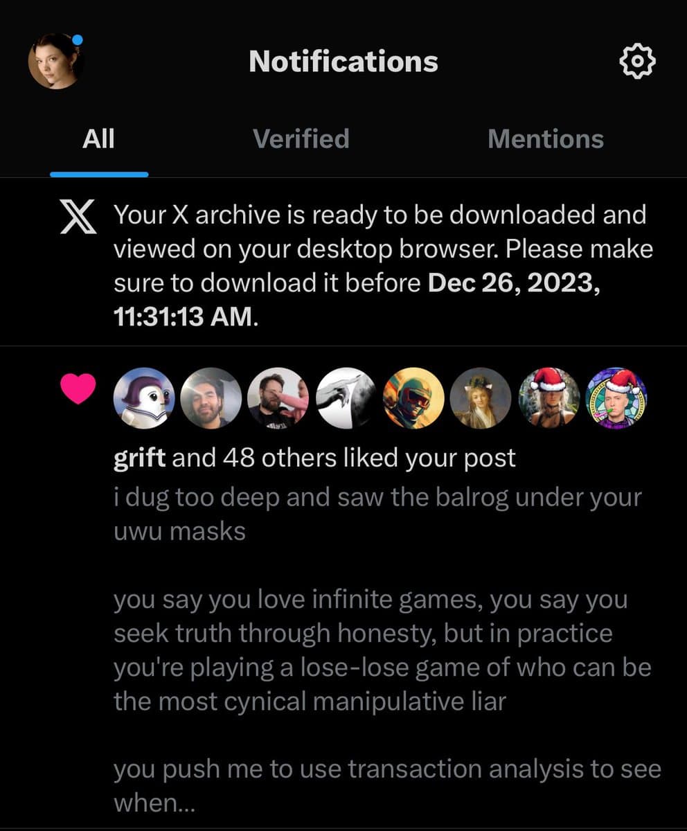 A screenshot of the X (Twitter) notifications page in dark mode, showing an archive download reminder and a list of recent likes on a post. The visible post text includes a critical message about the user's social interactions.
