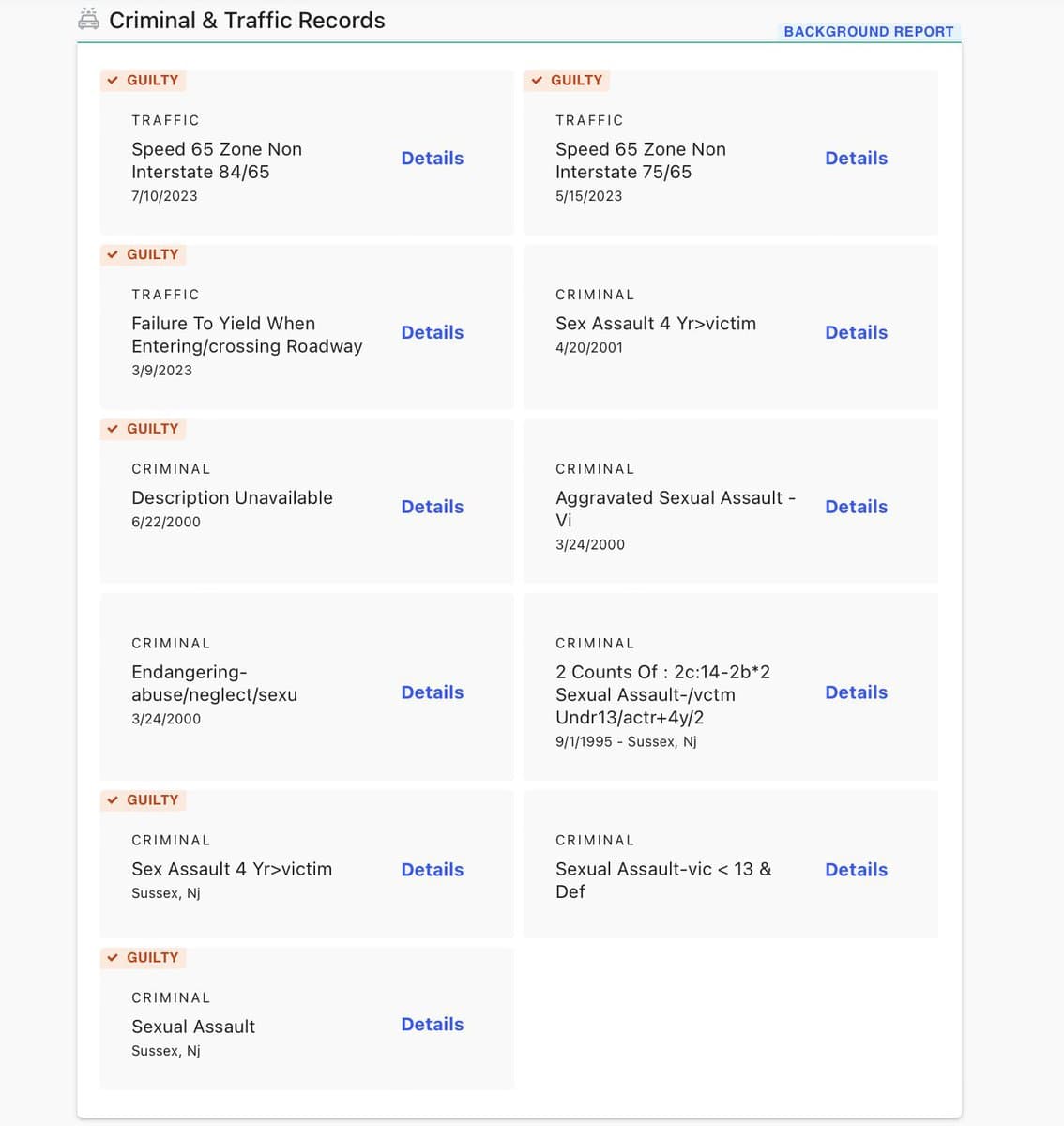 A screenshot of a digital background report titled 'Criminal & Traffic Records,' displaying a grid of legal entries. The list includes multiple traffic violations and numerous criminal charges, with several entries marked as 'GUILTY.'