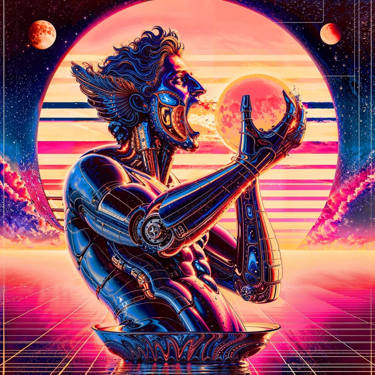 A vibrant, retro-futuristic digital illustration featuring a metallic, chrome-like statue of a figure with flowing hair and a beard, holding a glowing sphere. The scene is set against a stylized sunset with a large sun, planets, and a grid floor, evoking a synthwave aesthetic.