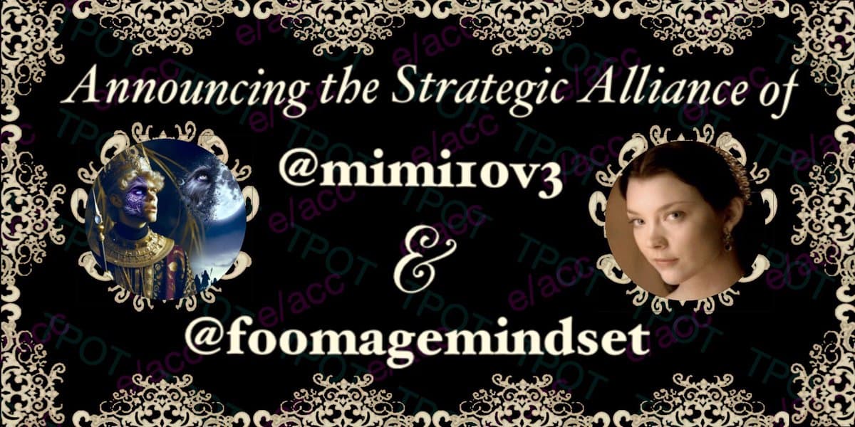A digital graphic with a black background and ornate white borders announcing a strategic alliance between two social media accounts. The image features circular profile pictures of a fantasy character and a woman, with their handles displayed below.
