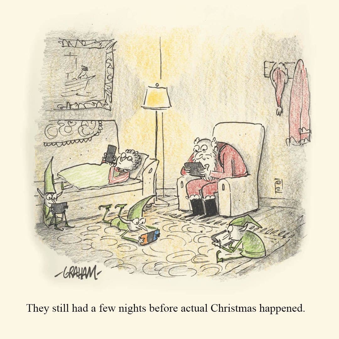 A cartoon illustration of a living room where a man, a woman, and three elves are all absorbed in their mobile phones, with a turkey hanging on the wall in the background. The image includes a caption at the bottom. The signature "GRAHAM" is visible in the lower left corner of the drawing.