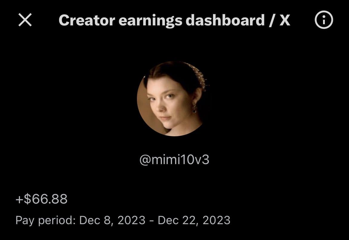 A screenshot of the X (Twitter) 'Creator earnings dashboard' showing a user's profile picture, handle, and earnings for a specific pay period. The image displays a positive earnings amount of $66.88 for the period from December 8, 2023, to December 22, 2023.