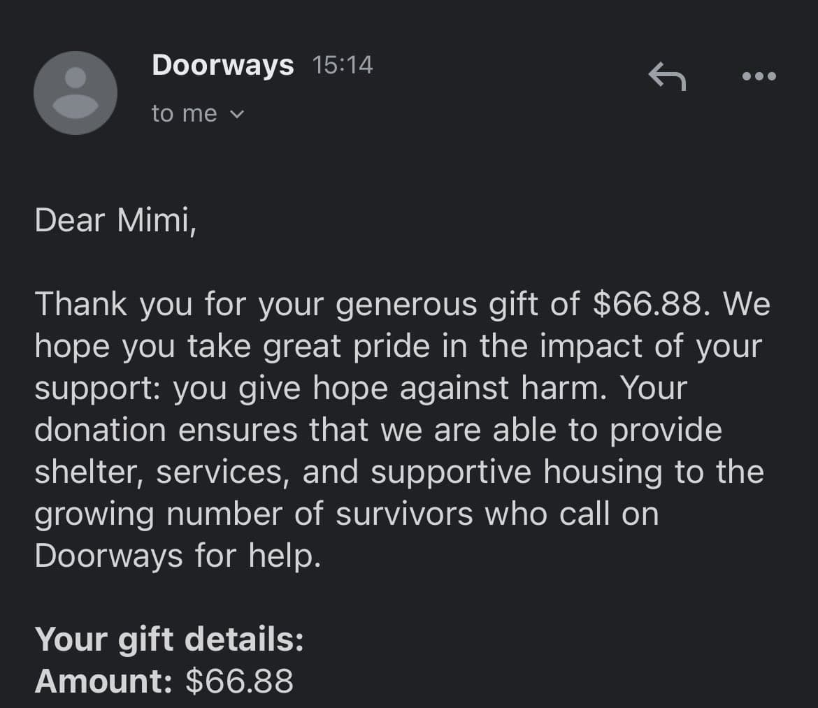 A screenshot of a text message from a sender named "Doorways" to the user, thanking them for a $66.88 donation. The message explains that the funds will help provide shelter and services to survivors. Below the message, a section titled "Your gift details" lists the amount as $66.88.