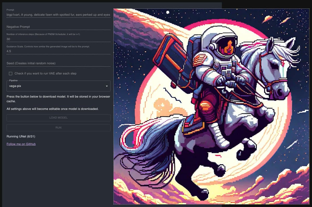 A screenshot of a web-based pixel art generation tool displaying a control panel on the left and a generated image on the right. The generated image features an astronaut riding a white horse in a pixel art style against a cosmic background.