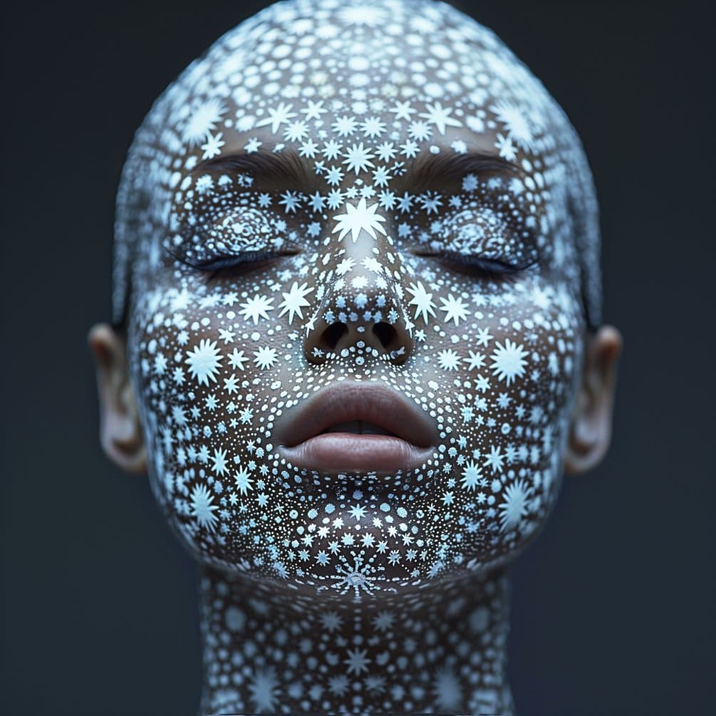 A close-up portrait of a person with their eyes closed, their face and neck covered in intricate white star and snowflake patterns against a dark background.
