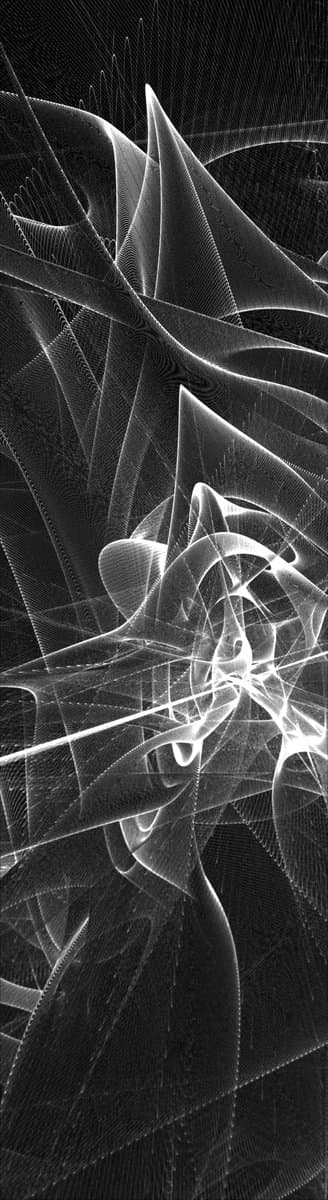 A black-and-white abstract digital artwork featuring intricate, flowing wireframe lines and geometric shapes that create a sense of depth and movement.