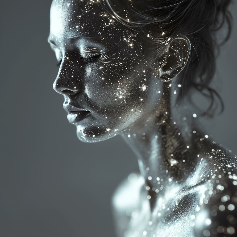 A black-and-white digital art portrait of a person in profile with their eyes closed, featuring a skin texture that resembles a starry night sky or galaxy. The image has a serene, ethereal quality with sparkling highlights on the face and shoulders.