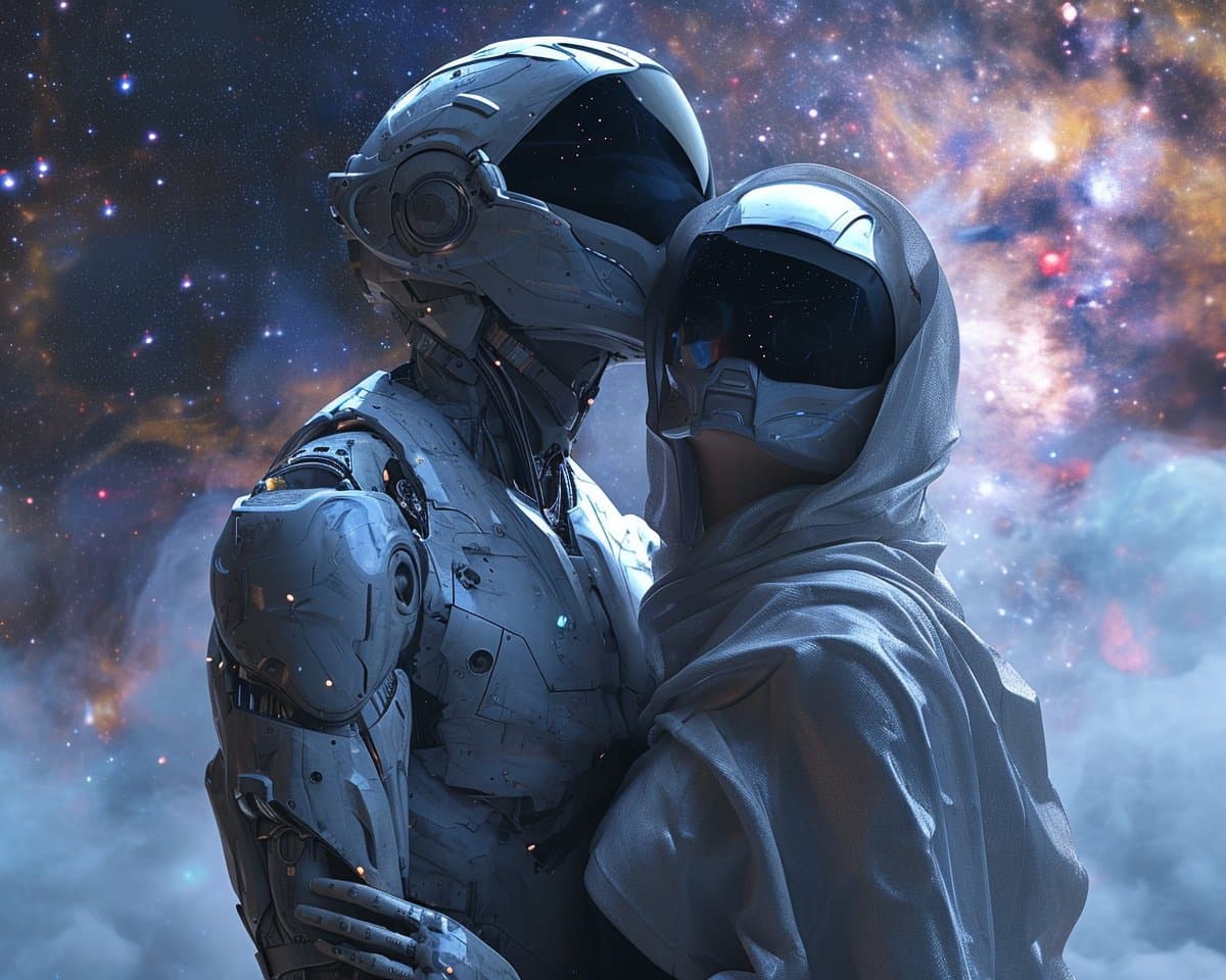 A digital artwork depicting a humanoid robot and a hooded figure in a close embrace against a backdrop of a colorful nebula and starfield. The robot has a white, mechanical body with a dark visor, while the figure wears a white hooded cloak and a matching face mask. The scene conveys a sense of intimacy and connection in a cosmic setting.
