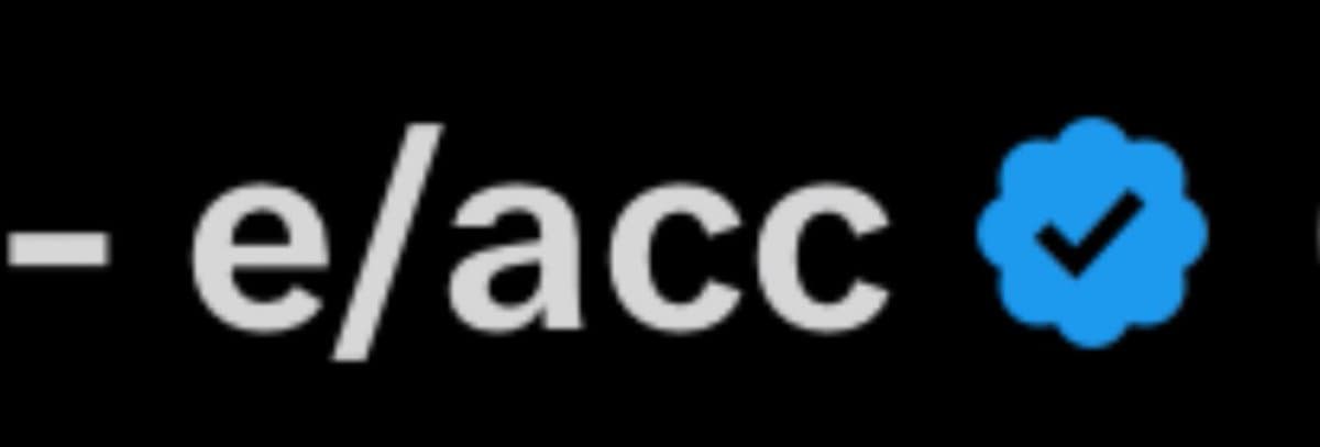 A cropped screenshot of a social media profile header showing the text "- e/acc" followed by a blue verified checkmark badge on a black background.