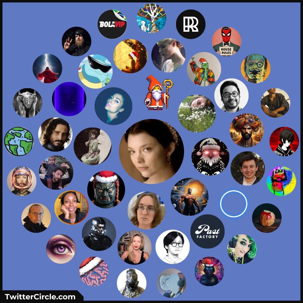 A collage of circular profile pictures arranged in a large circle on a blue background, featuring a mix of people, characters, and logos. The image is a screenshot from TwitterCircle.com, which generates these visual maps of a user's Twitter network.