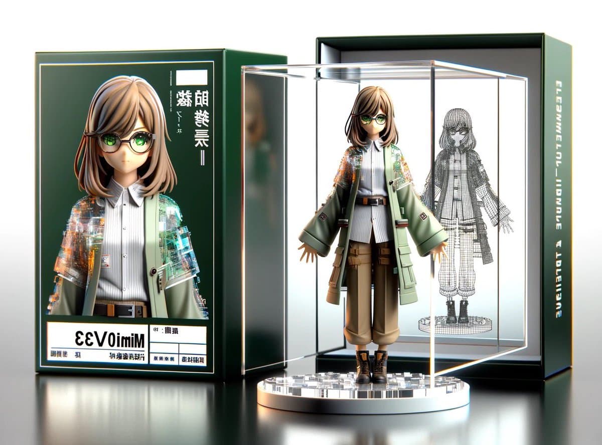 A product shot of a collectible figure of a female character with brown hair and green glasses, displayed in a clear acrylic case next to its green packaging box. The figure wears a white shirt, a green jacket with transparent, circuit-like sleeves, and cargo pants. The packaging features a printed image of the character and a wireframe sketch.