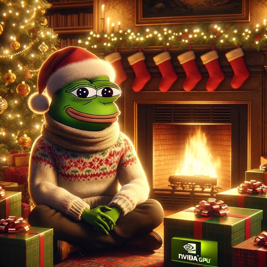 A digital illustration of the Pepe the Frog meme character wearing a Santa hat and a Christmas sweater, sitting cross-legged in a cozy living room with a fireplace and Christmas tree. The character is surrounded by wrapped presents, one of which prominently displays an NVIDIA GPU logo.