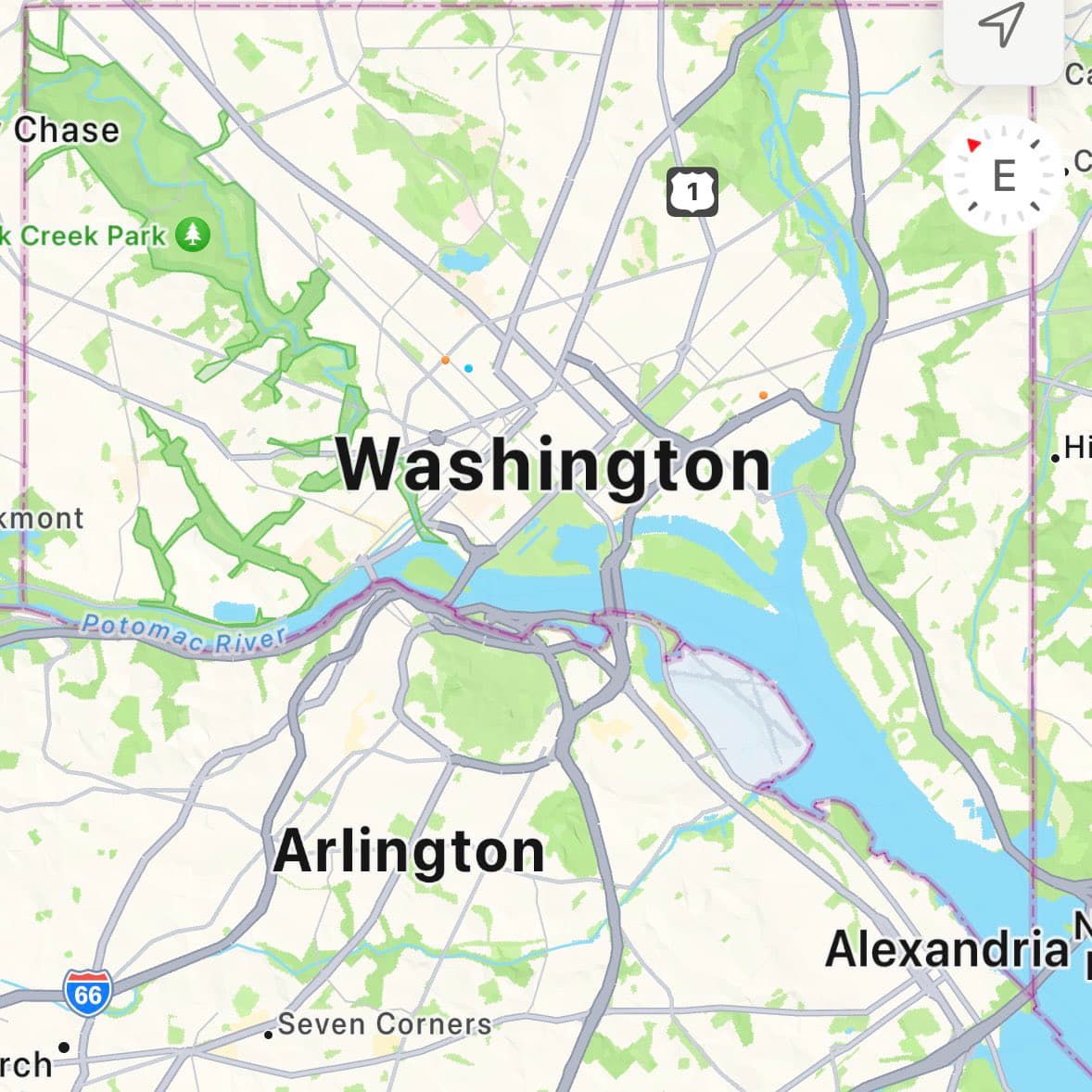 A digital map showing the Washington, D.C. metropolitan area, highlighting the city's location relative to Arlington, Alexandria, and the Potomac River. The map includes road networks, parks, and a compass rose indicating east.