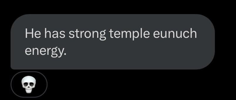 A screenshot of a direct message (DM) on a dark-themed messaging app. The message bubble contains the text "He has strong temple eunuch energy." and is accompanied by a skull emoji as the sender's profile picture.
