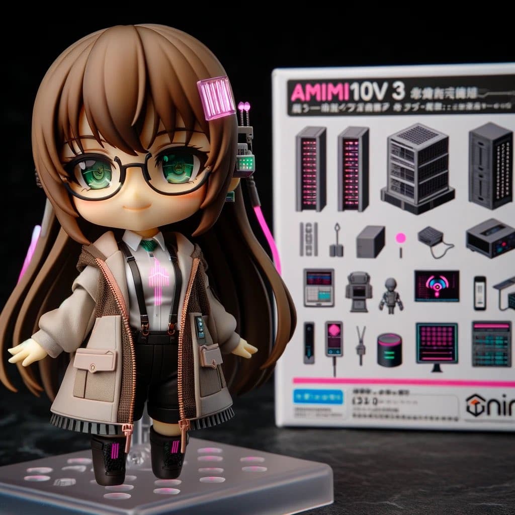 A photograph of a chibi-style figurine with brown hair, glasses, and a beige jacket, standing on a clear base in front of a product box. The box features the text "AMIMI 10V 3" and illustrations of various computer hardware components.