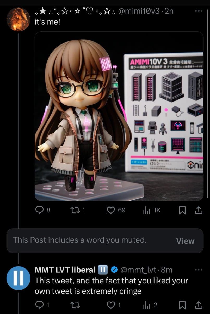 A screenshot of a Twitter thread showing a tweet by @mimi10v3 featuring a photo of a chibi-style figurine, with a reply below it. The main image shows a brown-haired anime-style figure with glasses and a beige jacket standing on a clear base, next to its product box labeled 'AMIMI10V 3'.