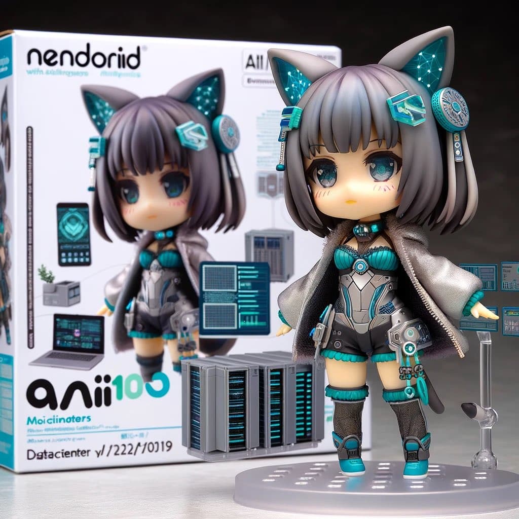 A photograph of a Nendoroid chibi-style figurine of a female character with gray hair, cat ears, and a futuristic silver and teal outfit, standing in front of its retail box. The box features the character's image and illustrations of computer hardware, including a laptop and server racks. The figurine is posed on a clear display stand next to a miniature server rack accessory.