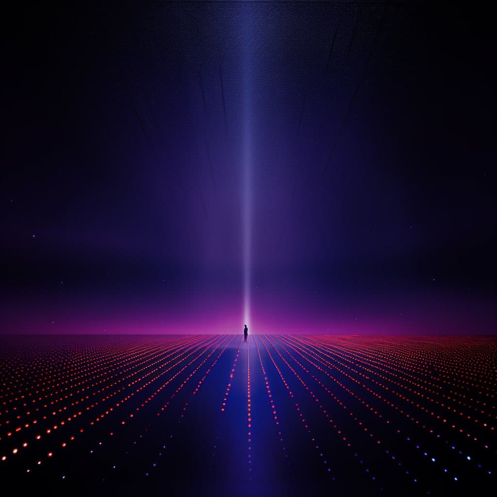 A digital art image depicting a lone silhouette standing on a vast, dark grid of glowing red and blue dots that recedes into the distance. A bright, vertical beam of purple and white light shoots up from the horizon directly in front of the figure, illuminating the dark, starry sky above.