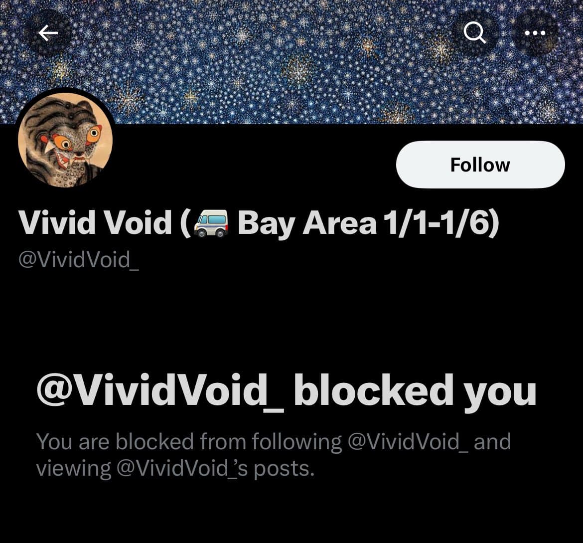 A screenshot of a Twitter profile page showing a block notification. The profile is for the user "Vivid Void (🚐 Bay Area 1/1-1/6)" (@VividVoid_).