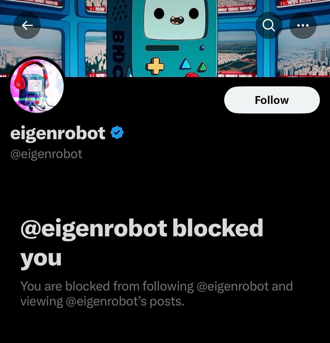 A screenshot of a Twitter profile page showing that the user has been blocked by the account 'eigenrobot'. The page displays the account's name, handle, and a notification message.